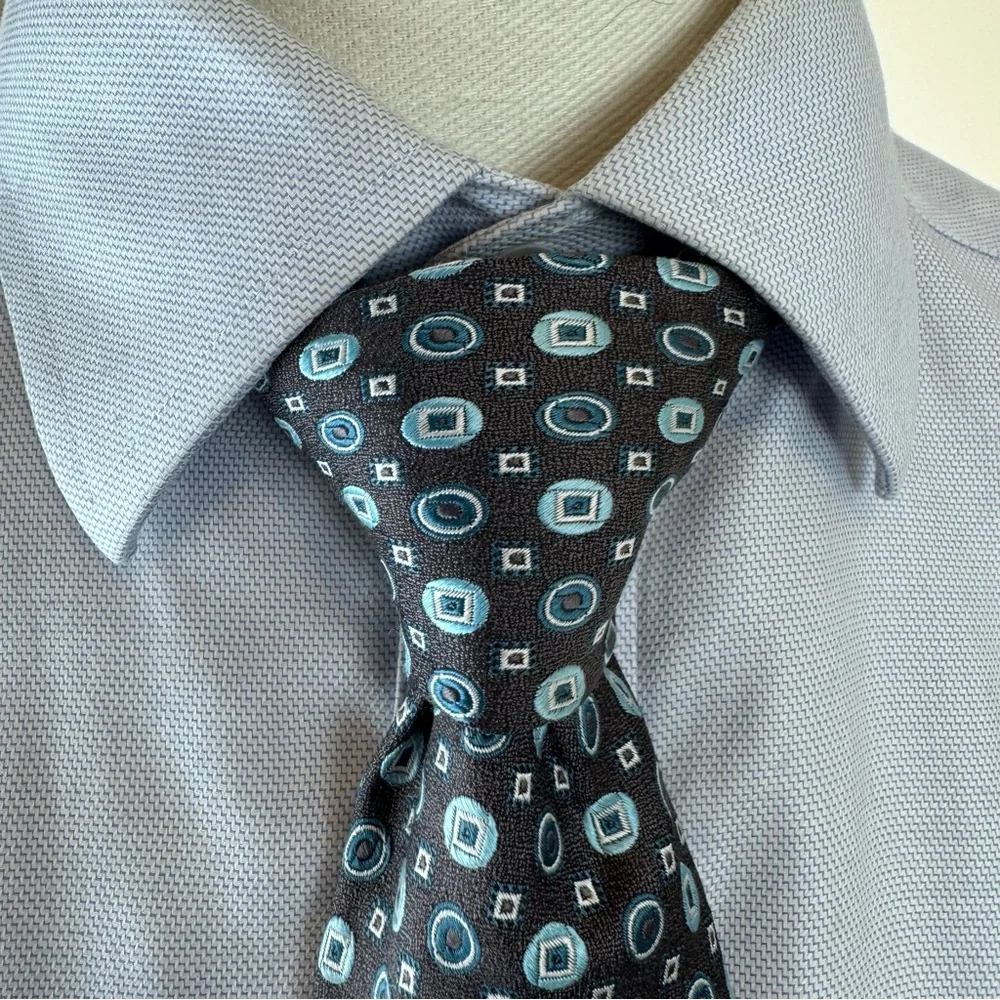 Burma Bibas Men’s Necktie 100% Silk Stylish Dark Gray and Blue Geometric Tie
